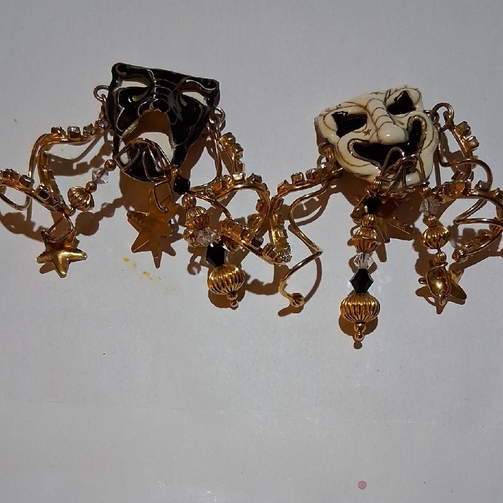 Theatrical Gold and Black Mask Earrings